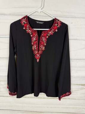 Juliet Black Embroidered Floral Long Sleeve Blouse Size M